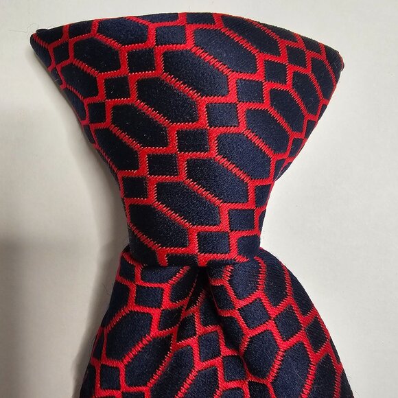 Neck Tie Men Red & Navy Geometric Pattern Pre Made Ready to Wear - Picture 4 of 8